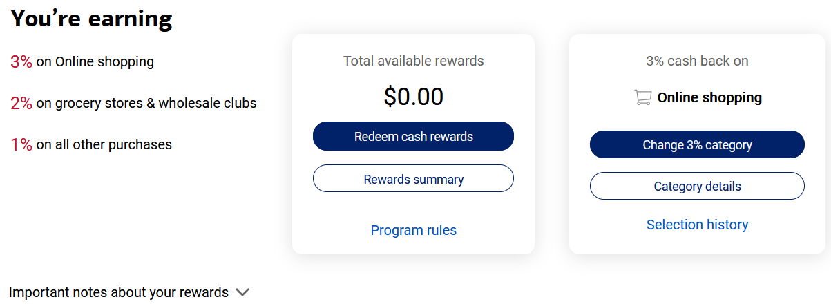 Online dashboard showing the card's rewards and 3% category