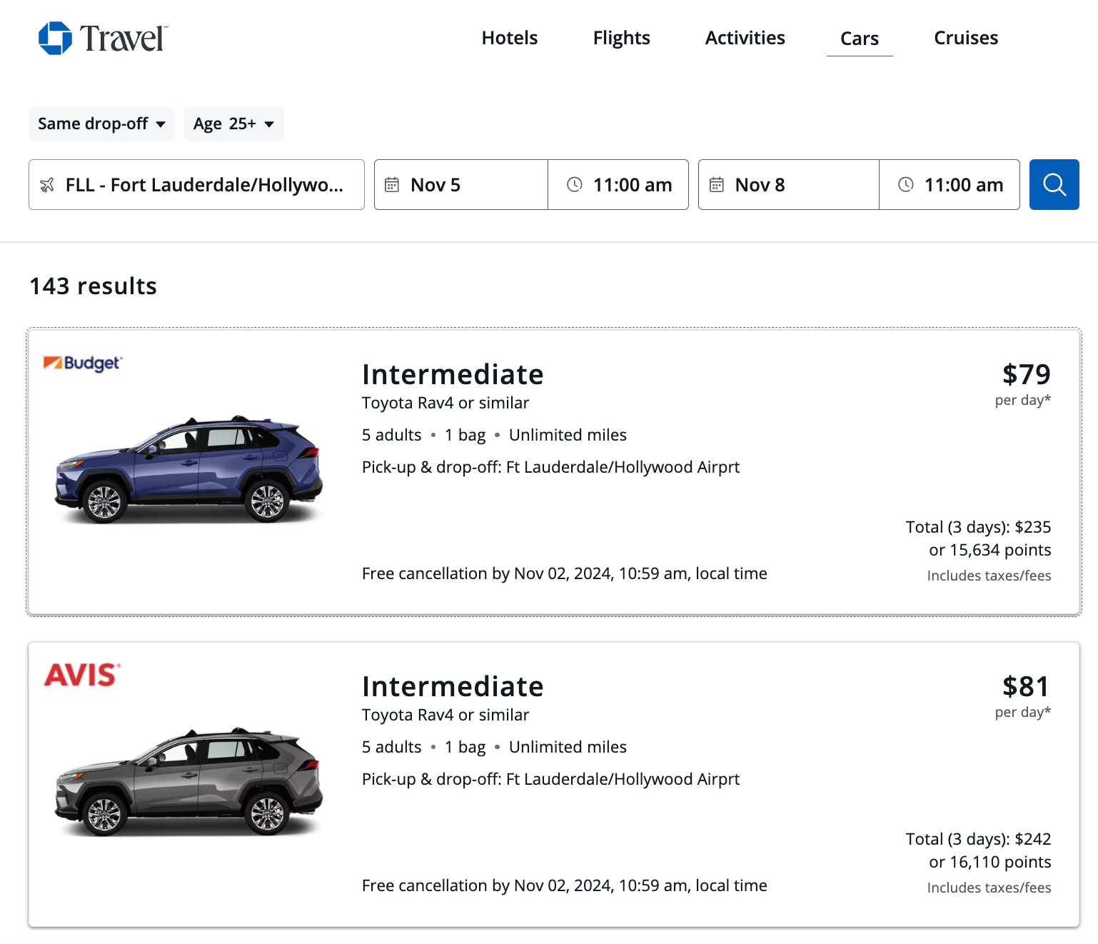 Rental car comparison on Chase Travel portal.