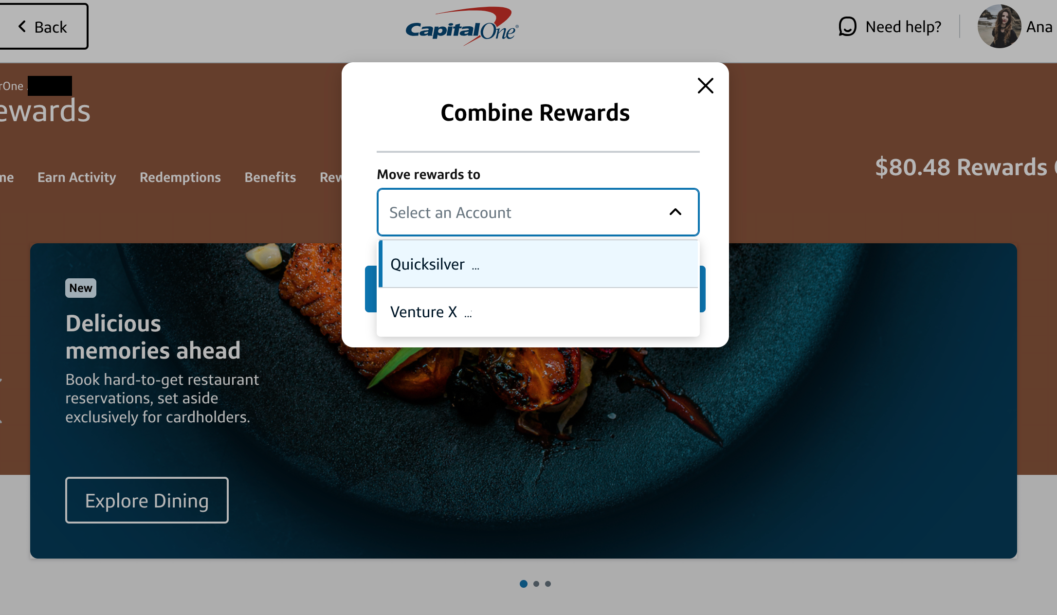 Screenshot of Capital One website prompt to combine rewards
